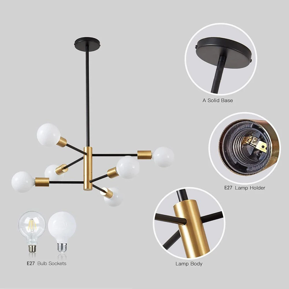 Nordic Chandelier Minimalist Pendant Lights 6/8/10/12 Heads Gold/Black for Modern Dining Room Bedroom Ceiling Lamps E27