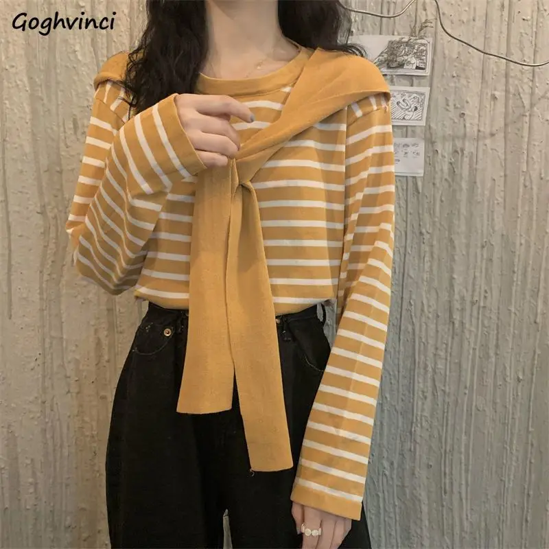 

Fake 2 Pcs Knitted Pullovers Women Cute Lace-up Autumn New Striped Sweaters Korean Style Fashion Students Loose Campus Basics