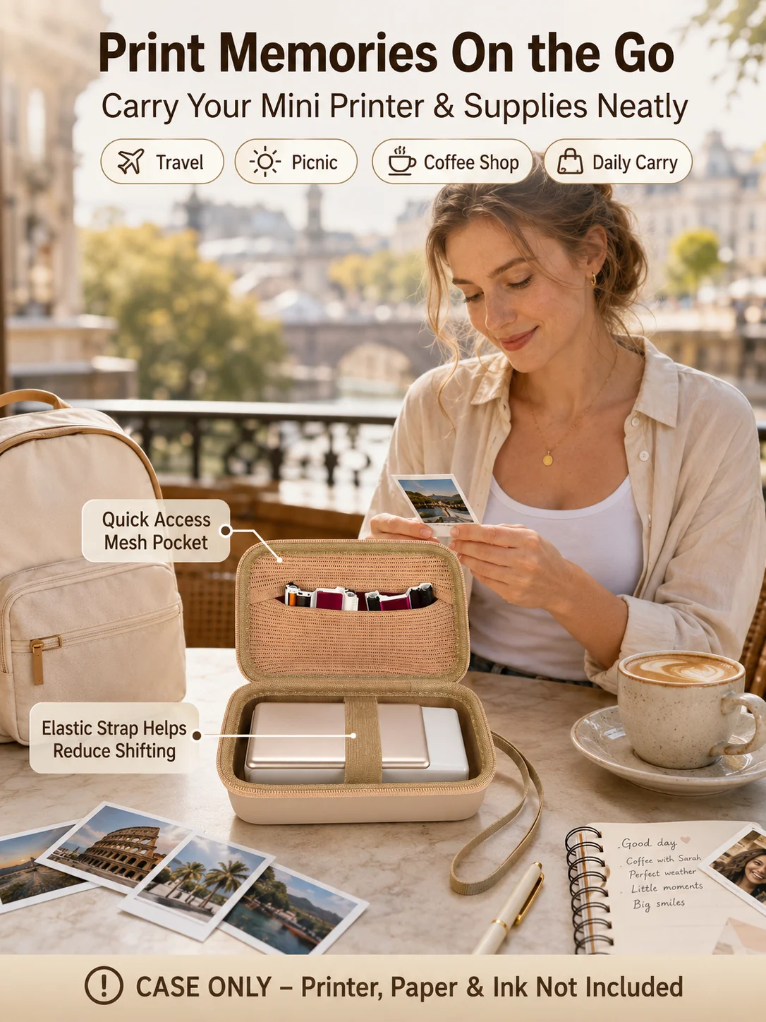 Fotodruckertasche für Liene Pearl N200 Pro, Harte EVA-Reisetasche mit Netzfach, Elastischen Riemen, Nur Tasche, Goldfarben – Detail 2