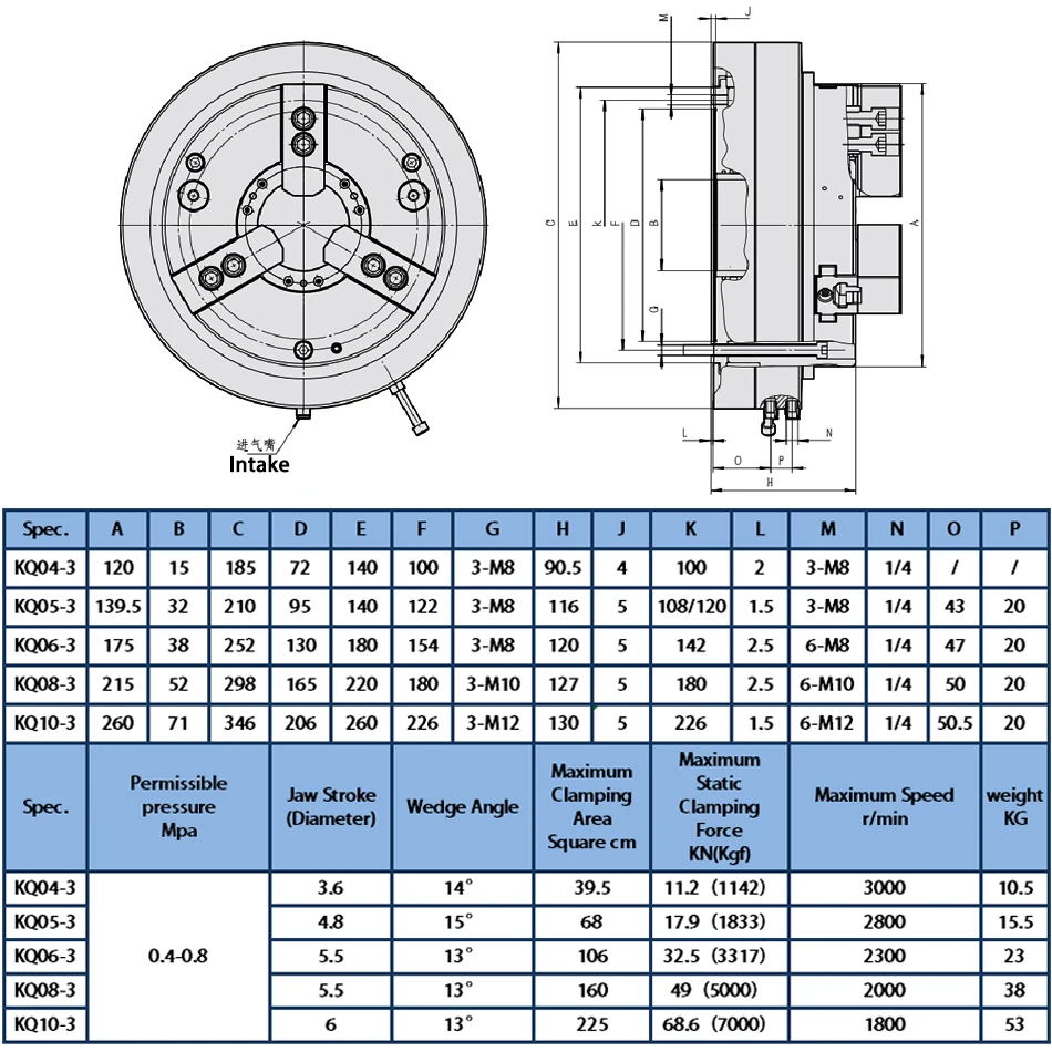 6 inch Hollow Pneumatic Lathe Chuck 3 Jaw Front Type, Four-Axis Five-Axis Chuck,Rotatable Machine Tool, Lathe Fixture