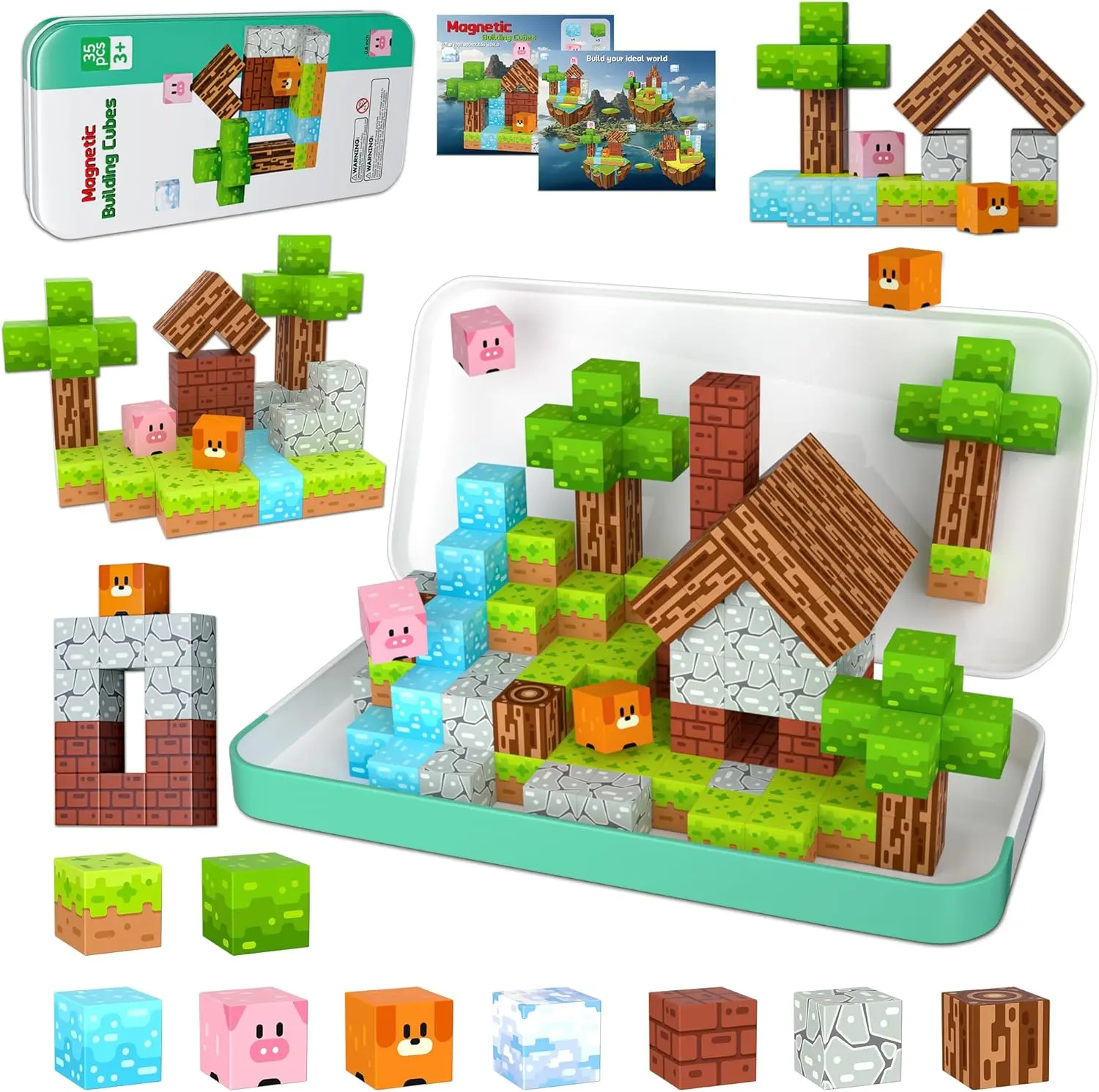 

Набор магнитных строительных блоков из 35 деталей с коробкой для хранения – развивающий STEM-подарок для детей 4-8 лет