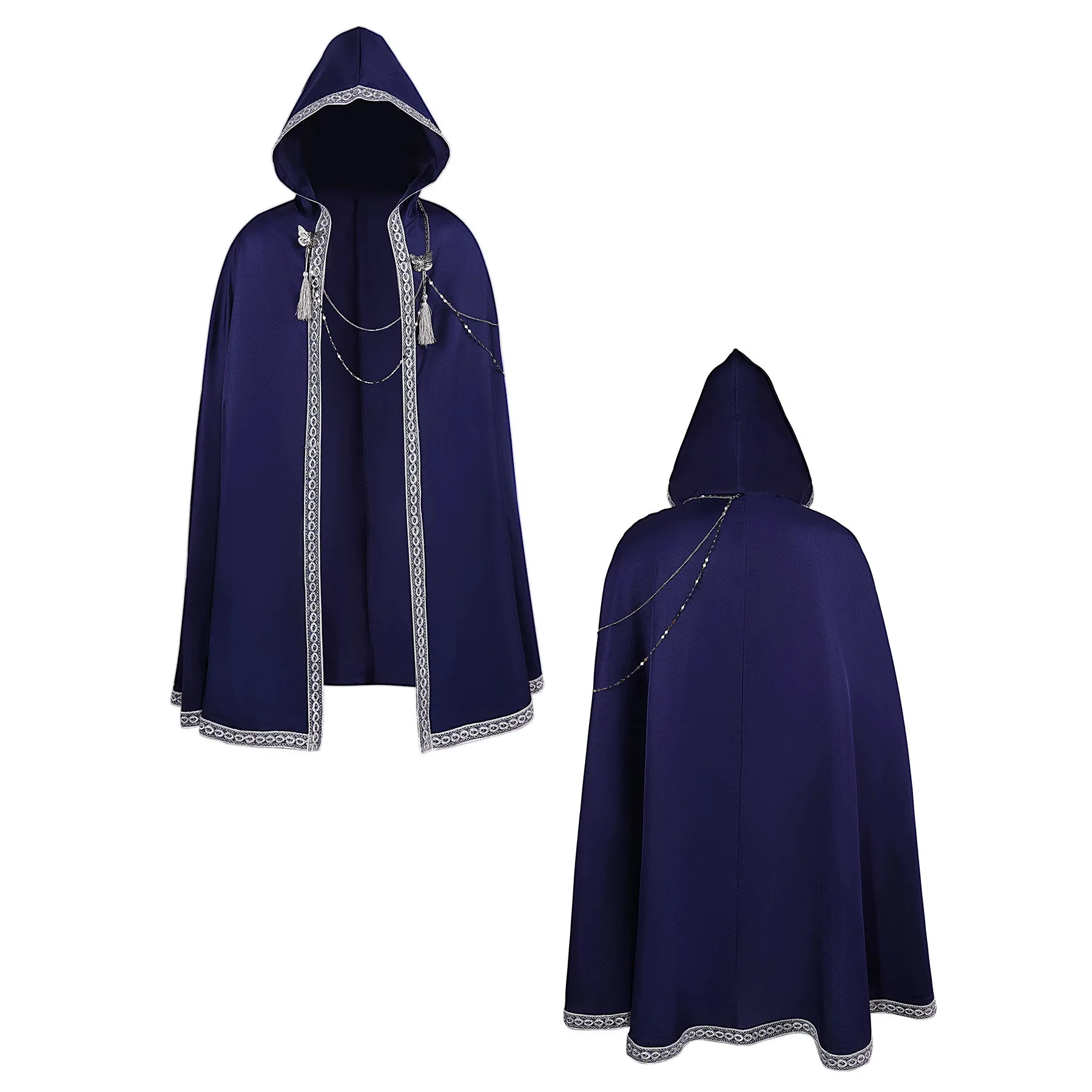 Gothic Medieval Cape Hooded Cloak with Silvery Chain Death Devil Vampire Wizard Monk Witch Knight Halloween Costume