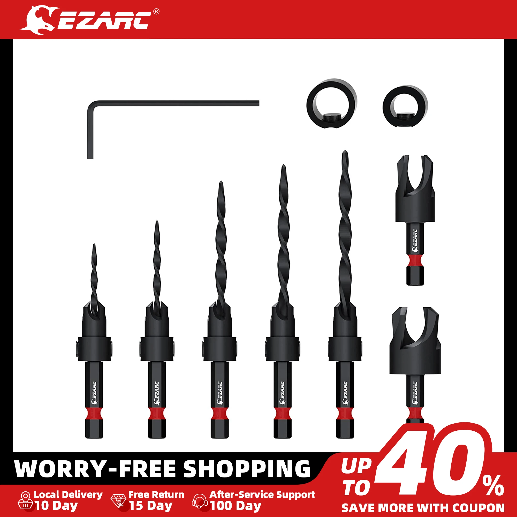 

EZARC 10/7PCS Wood Countersink Drill Bit Set, Tapered Countersink Bit with 1/4" Hex Shank, Wood Plug Cutters and Stop collars