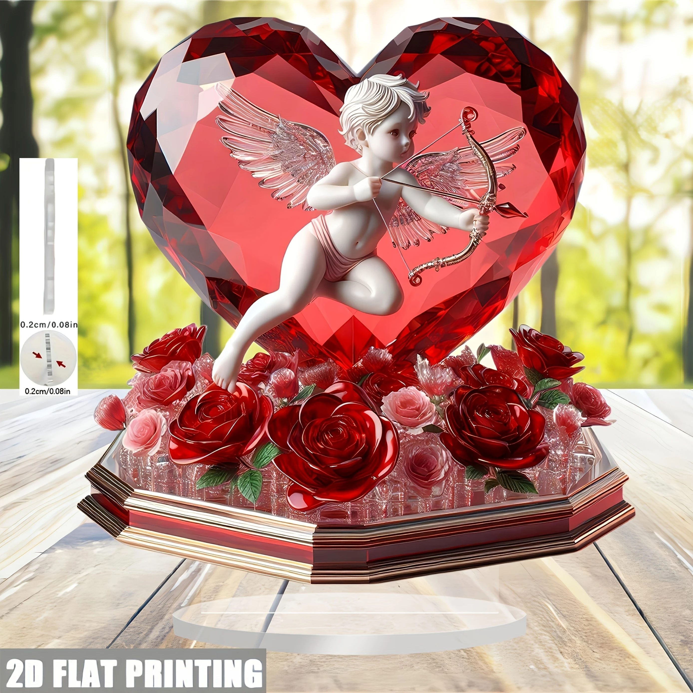 2D Red Heart-Shaped Flat Acrylic Decorative Item Cupid Rose Design Valentine's Day Gift Romantic Home Office Desk Decora