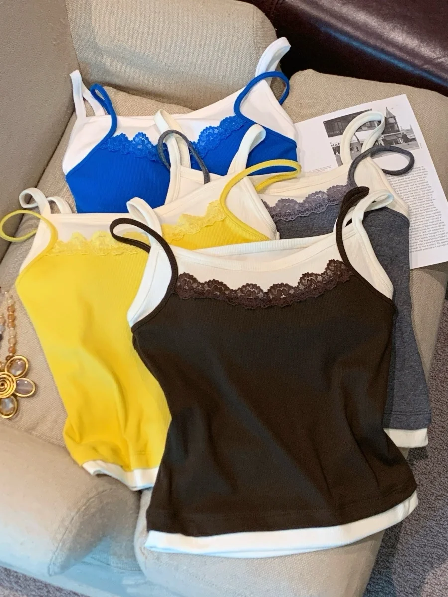 Nuevo Top Corto Sexy de Verano con Encaje y Parches, Estilo Halter para Mujer, Mezcla de Algodón, Ropa Casual para Uso Diario, Look Versátil