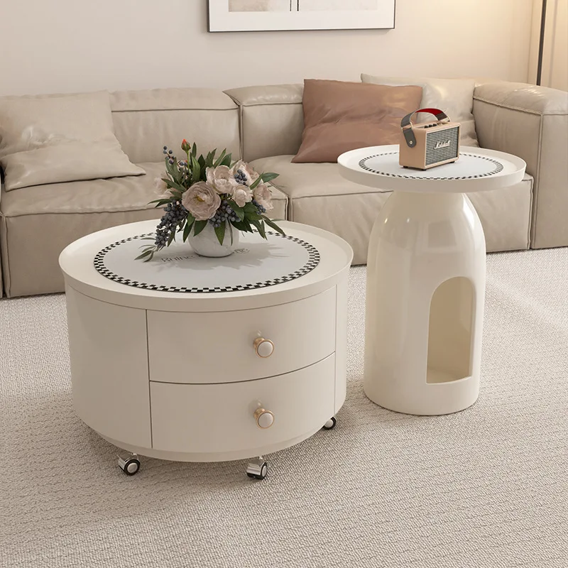 

Removable round coffee table cream style white household light luxury high-end side table