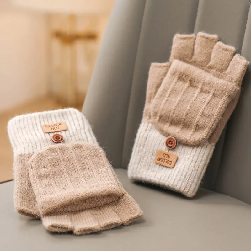Warm Knitted Winter Gloves for Women Cute Flip Cover Bicycle Riding Half Finger Soft Fleece Lined Sweet Style Student Gloves