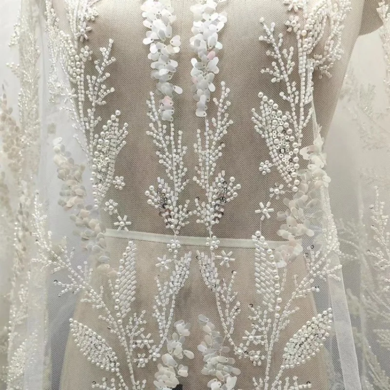 New Fashion Nail Bead Embroidery Sequins Soft Lace Mesh Fabric Handmade High-end Wedding Dress Clothing Accessories Decoration