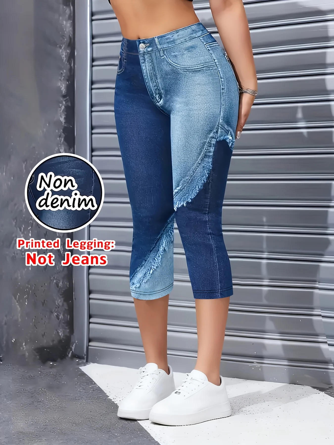 Non-Denim Women's Imitation Denim Printed Capri Leggings, Soft Breathable Slim Fit 7/8 Pants, Casual Sports Yoga Beach Vacation