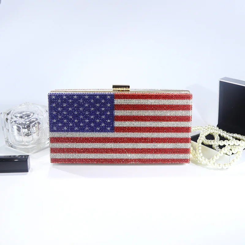 

Ручная сумка для ужина с узором национального флага, инкрустированная бриллиантами, рюкзак с диагональным пролетом, маленькая квадратная сумка