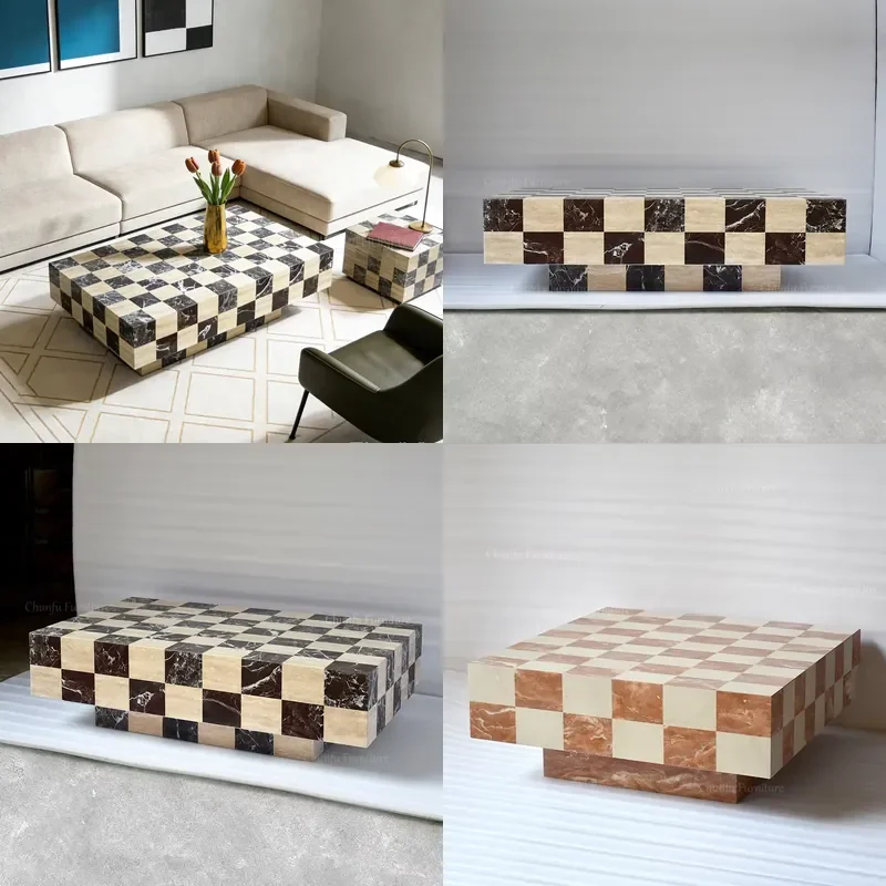 Checkerboard Marble Convertible Extendable Coffee Table Modern Square Natural Stone Center Table Sturdy Pedestal Base