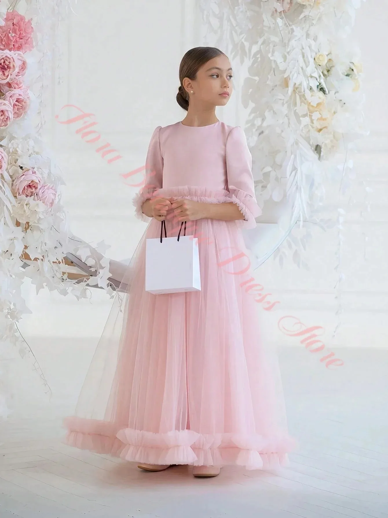 Maßgeschneidertes rosa Blumenmädchenkleid für Hochzeiten, halbe Ärmel mit Schleife, O-Ausschnitt, Kindergeburtstagsfeier, Erstkommunion, Festkleid – Detail 3