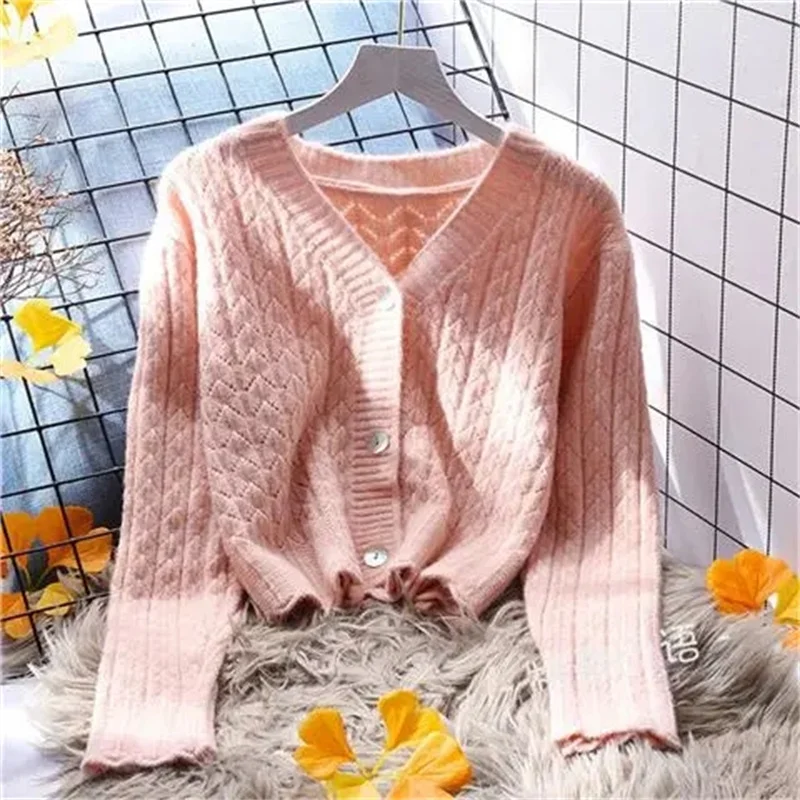 Women Cardigans Autumn Winter 2024 Single Breasted V-neck Knitted Sweater Spring Fashion Short Knitwear Solid Cardigan Jumpers