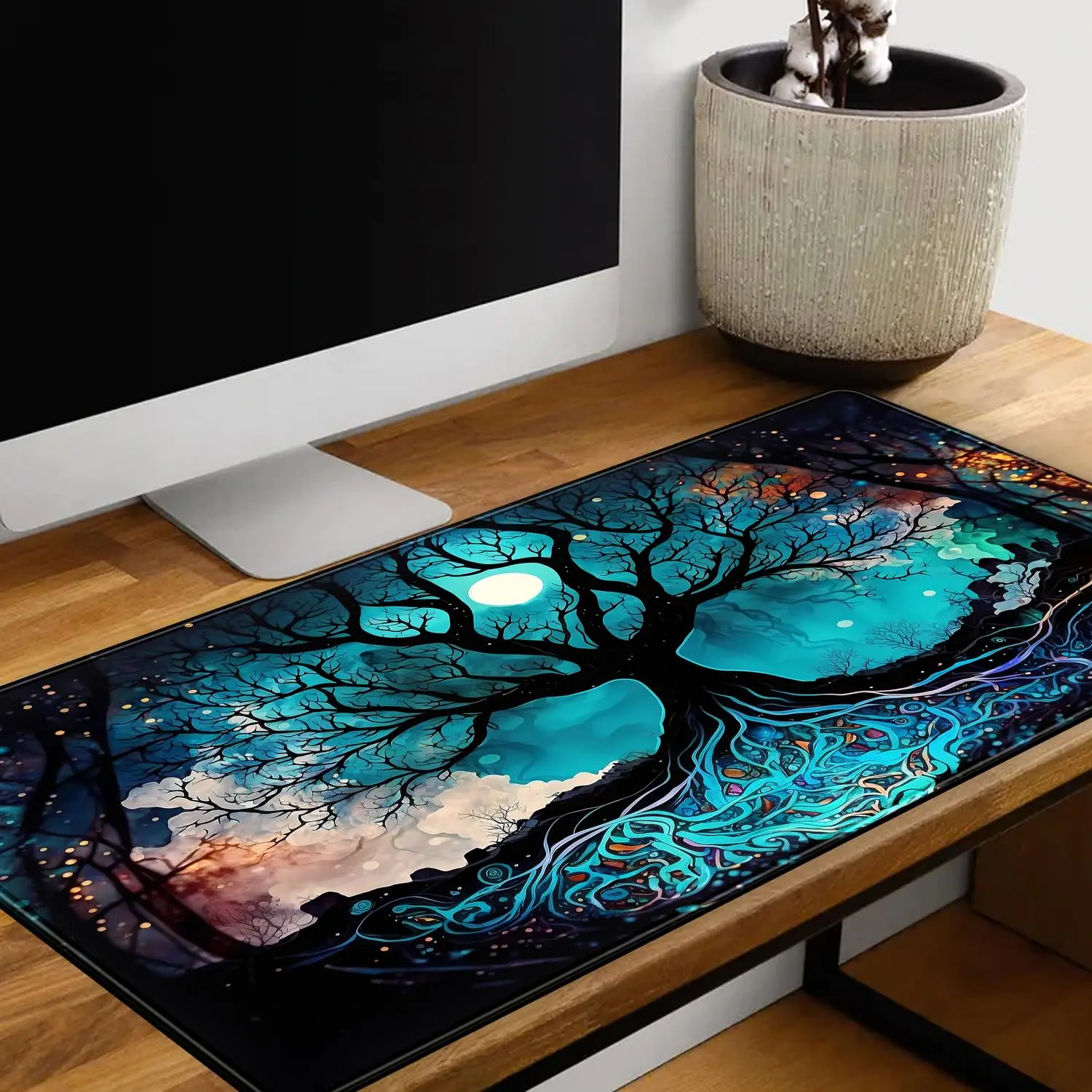 Vintage Blue AI Desk Pad Large Flower Mouse Pad XXL Plant Mousepad Laptop Computer Keyboard Mat Office Desk Decor