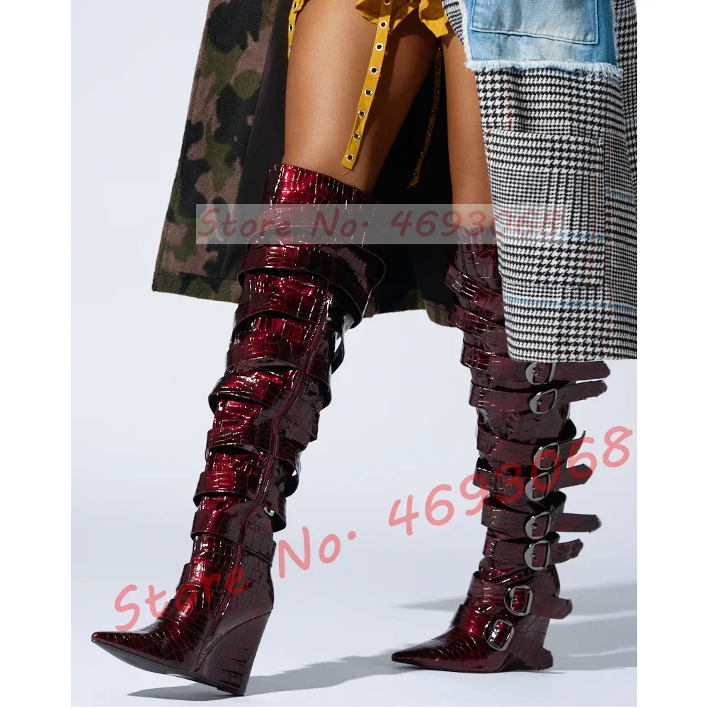 Burgundy Patent Leather Wedge Long Boots Women Sexy Multi Belt Buckle Pointed Toe Shoes Metal Decor Winter New Over Knee Boots
