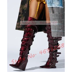 Burgundy Patent Leather Wedge Long Boots Women Sexy Multi Belt Buckle Pointed Toe Shoes Metal Decor Winter New Over Knee Boots