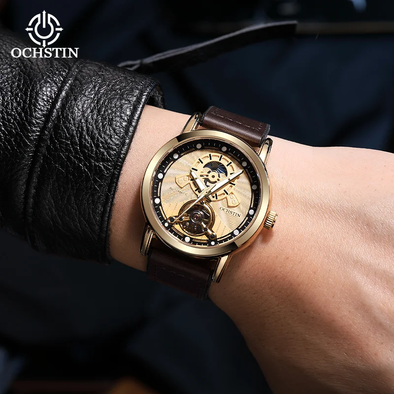 OCHSTIN New Product Male Skeleton Mechanical With Tourbillon Watches Men's Magnetic Snap Leather Strap Moon Phrase Classic Watch