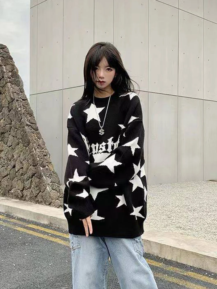 Zoki Star Print Loose Sweaters Women Vintage Oversize Streetwear Knitted Pullovers American Casual Long Sleeve Harajuku Bf Tops