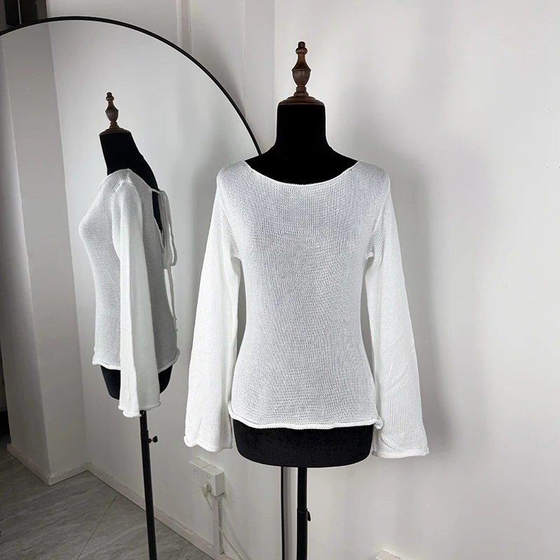 TARUXY Bell-Sleeved Backless Sexy Knitted Sweater Women's Lace Up Perspective Solid Casual Knit Pullover Commuter Female New Top view 6