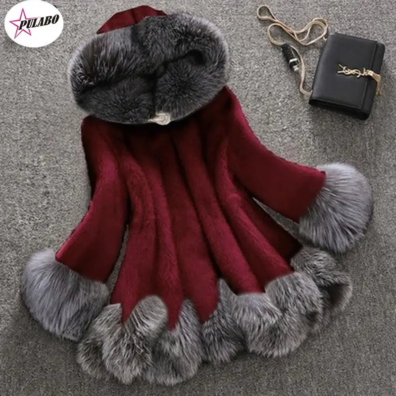 Large Size PULABO Fashion Autumn and Winter Women Faux Fur Hooded Coat Thick Warm Fur Jacket S-5XL Women Grey Cloak