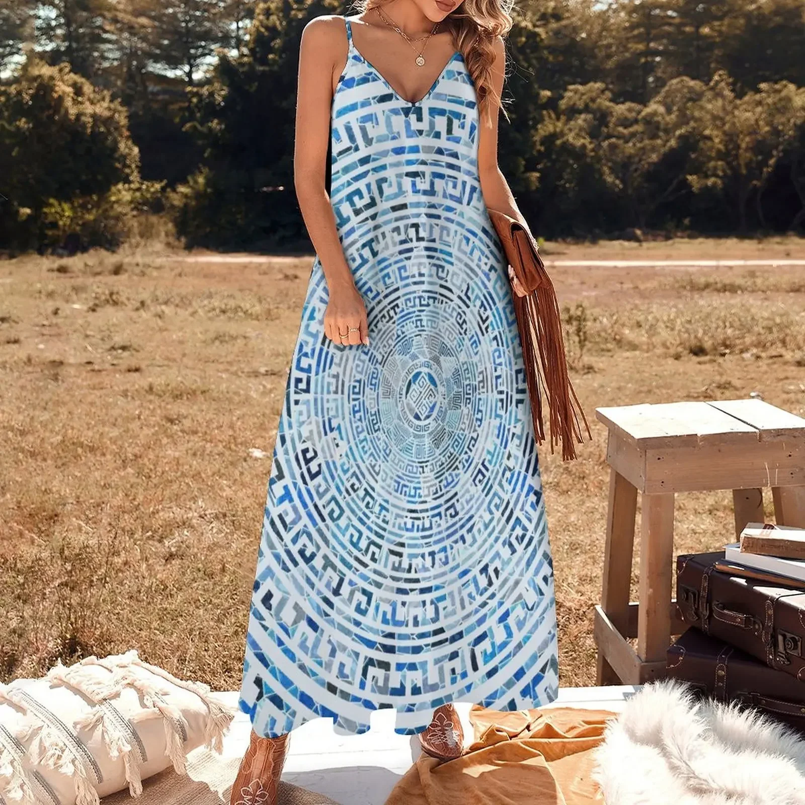 Circular Greek Meander Pattern - Greek Key Ornament Sleeveless Dress women formal occasion dresses dresses for prom Dress