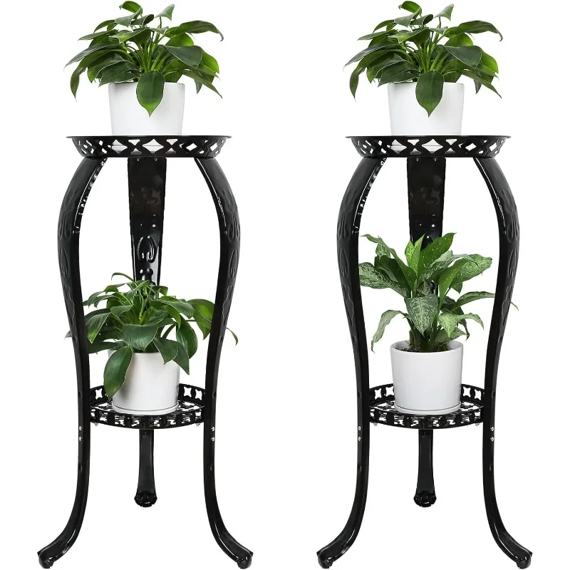 

2 Pack Metal Plant Stand Indoor Outdoor,2 Tiers Rustproof Plant Shelf,Modern Cast Iron Plant Holder Flower Pot Stand