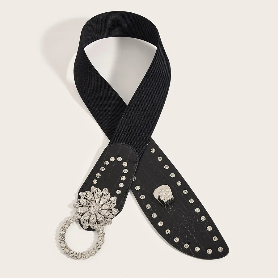 Stylish Black Rhinestone Decor Wide Elastic Waist Belt For Women Crocodile Pattern Ladies Waistband For Dress Coat Blazer Party