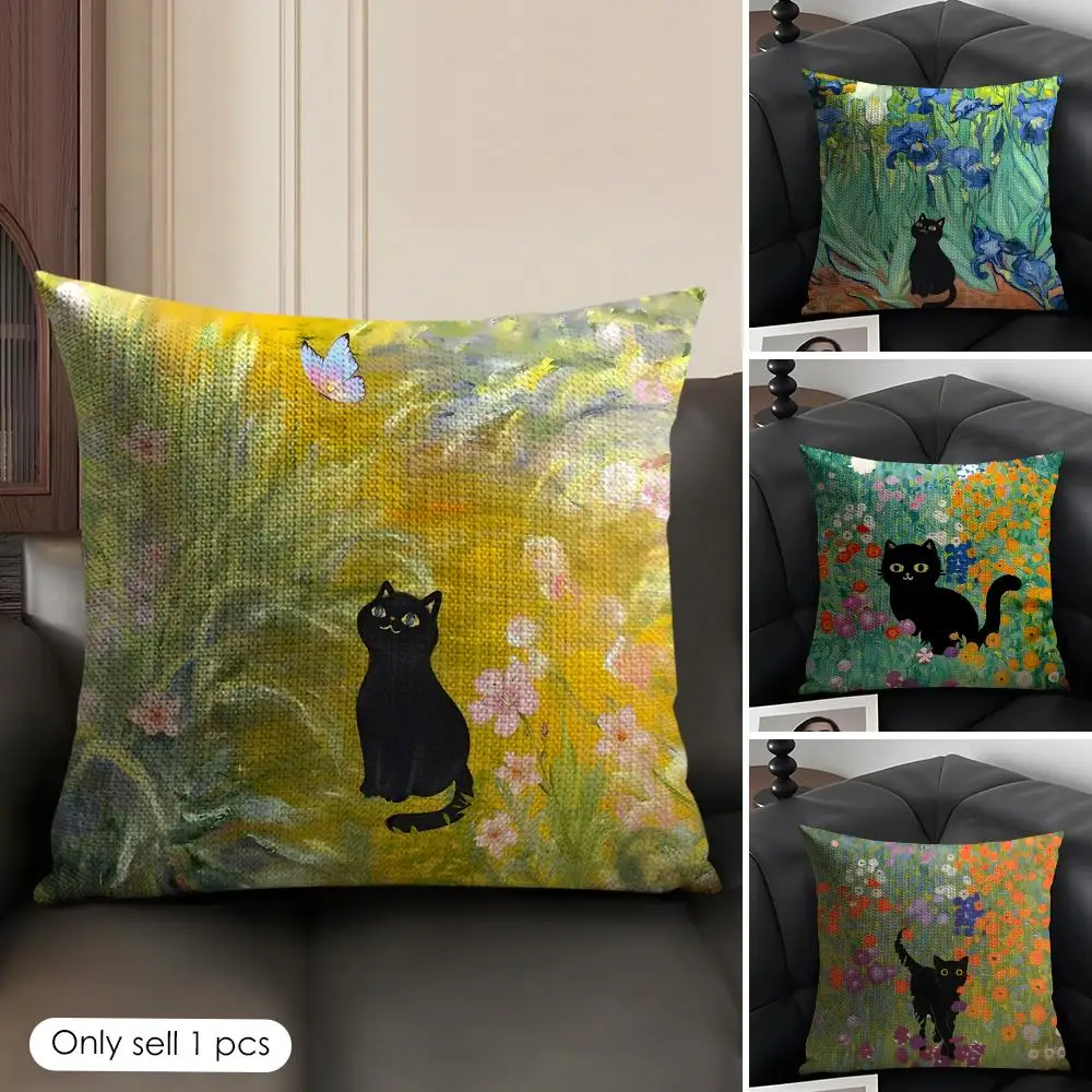 Cute Black Cat Oil Painting Cushion Cover Natural Linen Organic Fabric Double-Sided Printing Breathable Perfect Gift for Decor