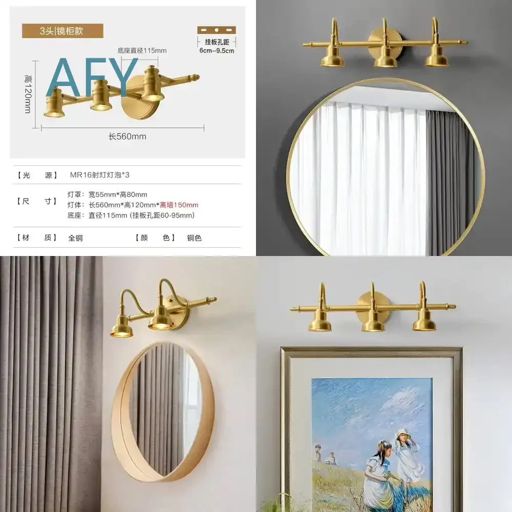 LED Bathroom Mirror Cabinet with Mirror Headlight for Makeup Full Copper Vanity Mirror for Modern Bathroom