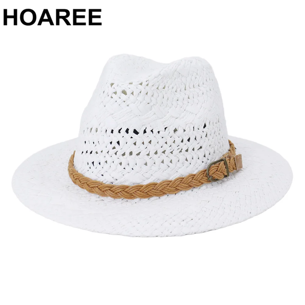 

HOAREE White Straw Sun Hat Handmade Knit Panama Hat Beach Womens Summer Caps Sombrero Female Fedora Khaki Casual Ladies Chapeau