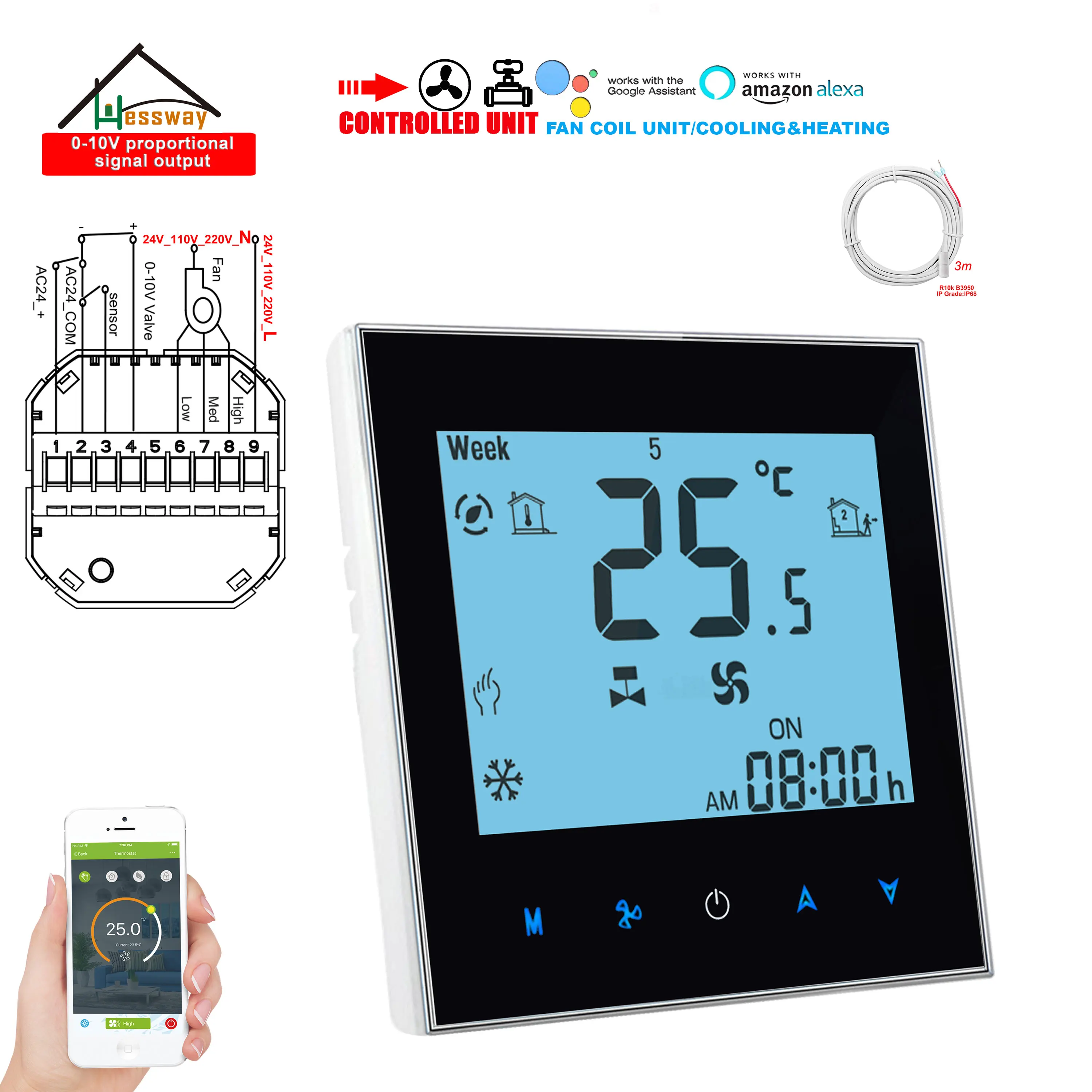 

HESSWAY 24V MODBUS&RS485 WIFI Fan Coil Thermostat For Dry Contact Switch 0-10V Modulation Valve Double Sensor Detection