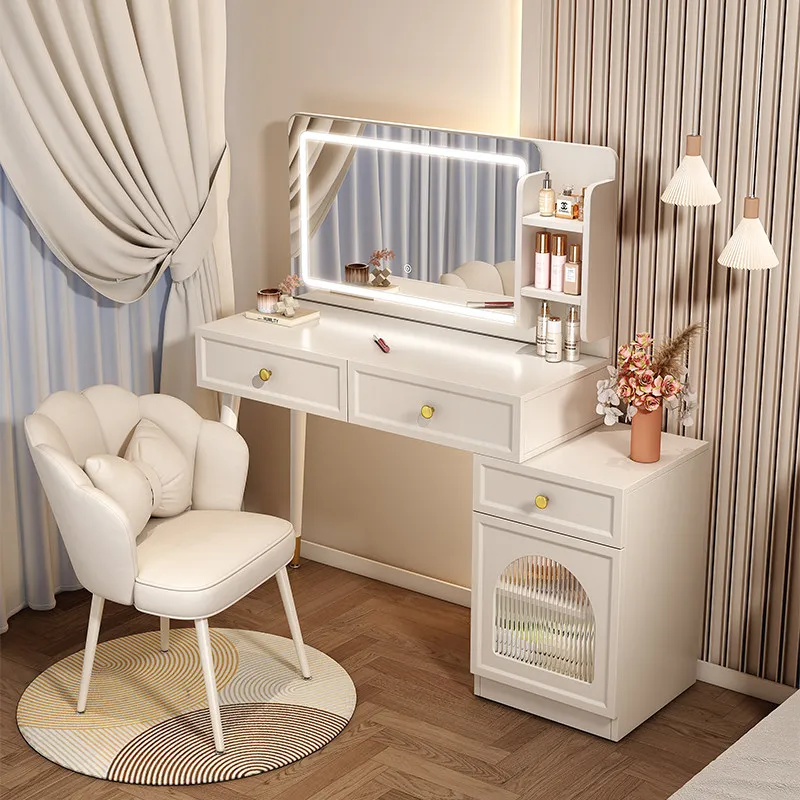#Modern Bedroom Dressing Table Makeup Vanity Set with Standing LED Lighted Mirror Eco-Friendly Storage