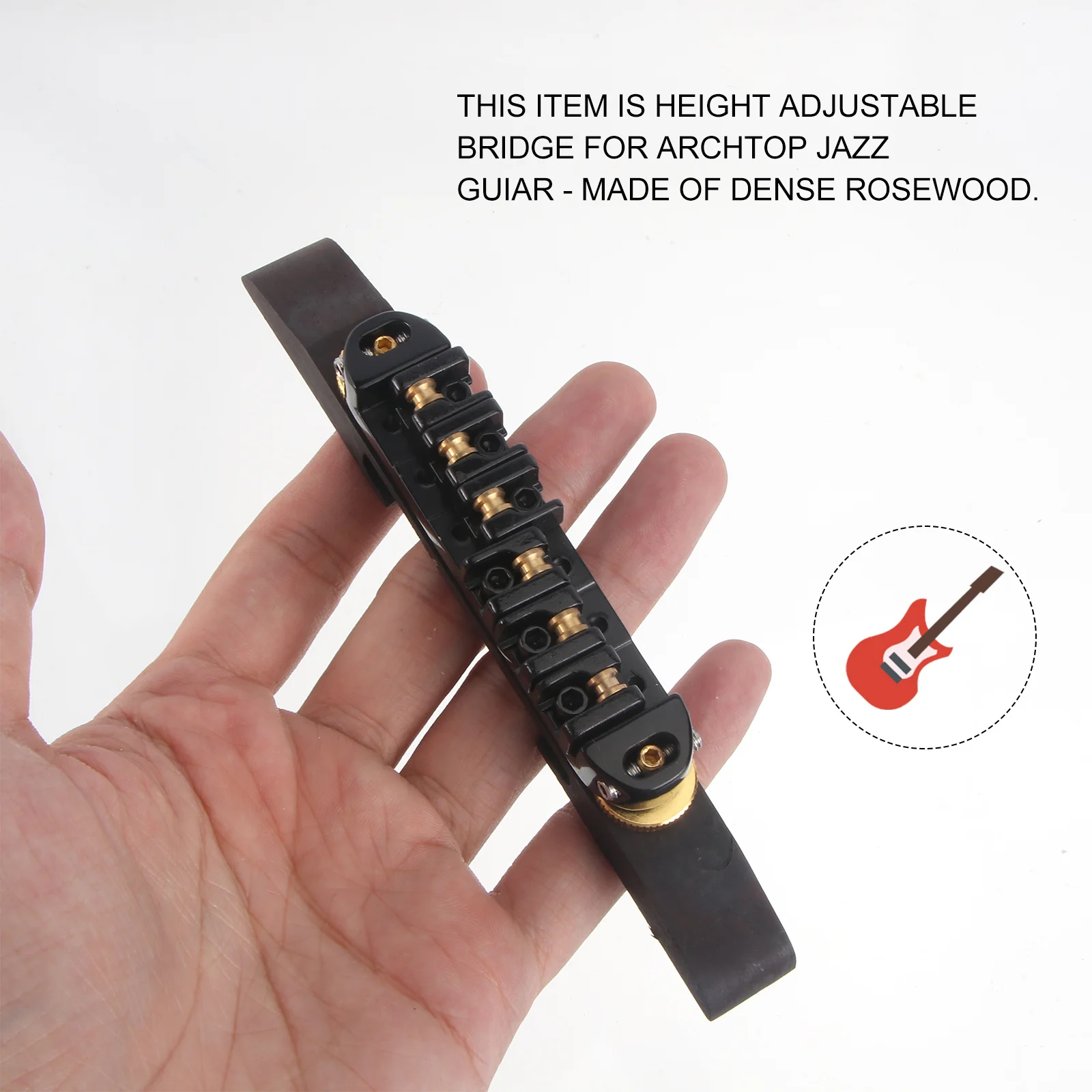 

Jazz Guitar Bridge Black Rosewood Gold Roller Saddles Nickel Adjuster Wheels Self Adjusting Base Replacement Guitar