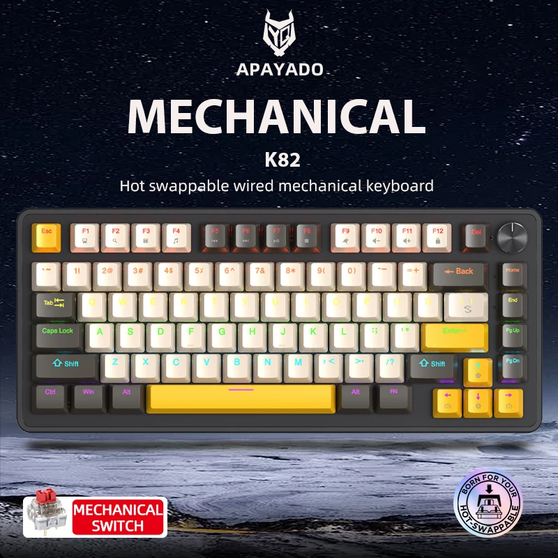 K82 Mechanical Wired Keyboard with Media Knob, APAYADO Hot Swap Gaming Keyboard, Transparent Character Backlighting,ABS Keycaps