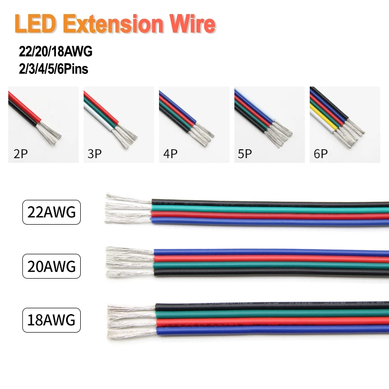 5-20m 22/20/18AWG LED Strip Extension Wire 2/3/4/5/6pins Parallel Cable For 5050 3528 RGB RGBW RGBCCT WS2812B LED Strip Lights