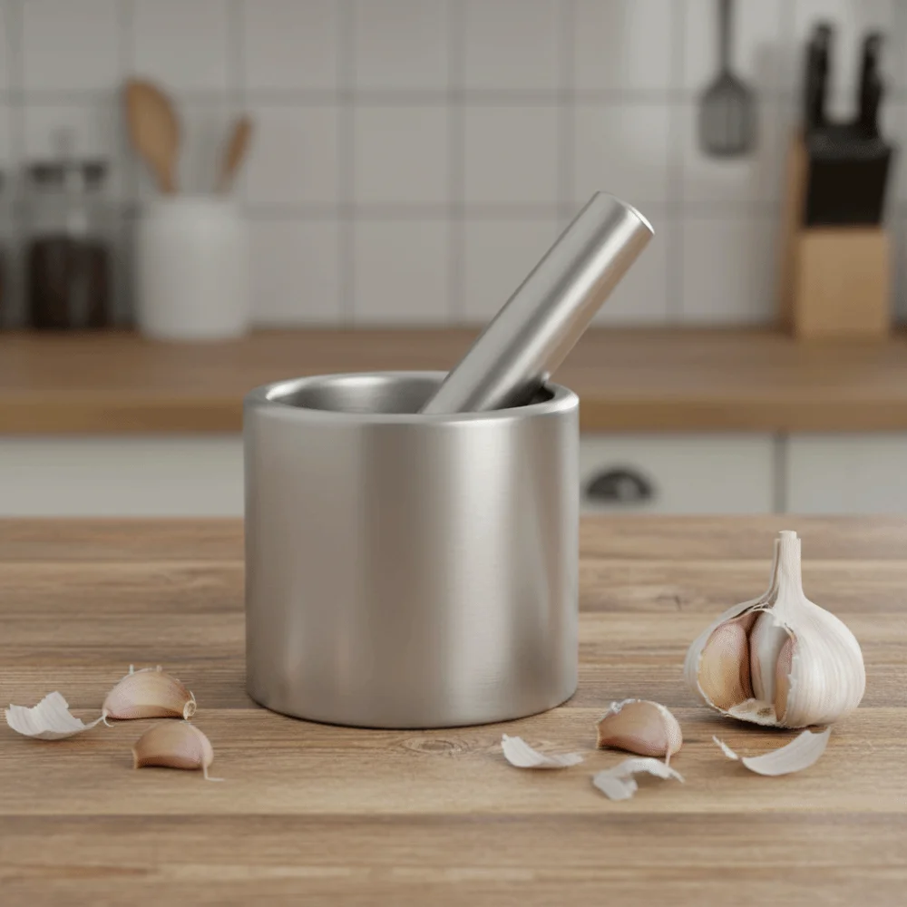 

Набор ступка и пестика из нержавеющей стали 304, устойчивая к ржавчине, брызгозащищенная крышка, банка для измельчения чеснока, бытовой ручной пресс для чеснока, лимон