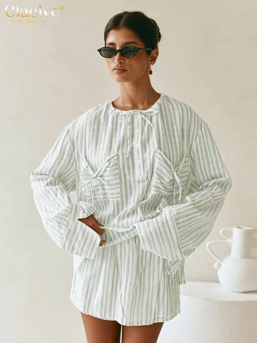 

Clacive Fashion Loose Stripe Cotton Women's Two Pieces Set 2025 Elegant Long Sleeve Shirt With High Waist Shorts Set Female