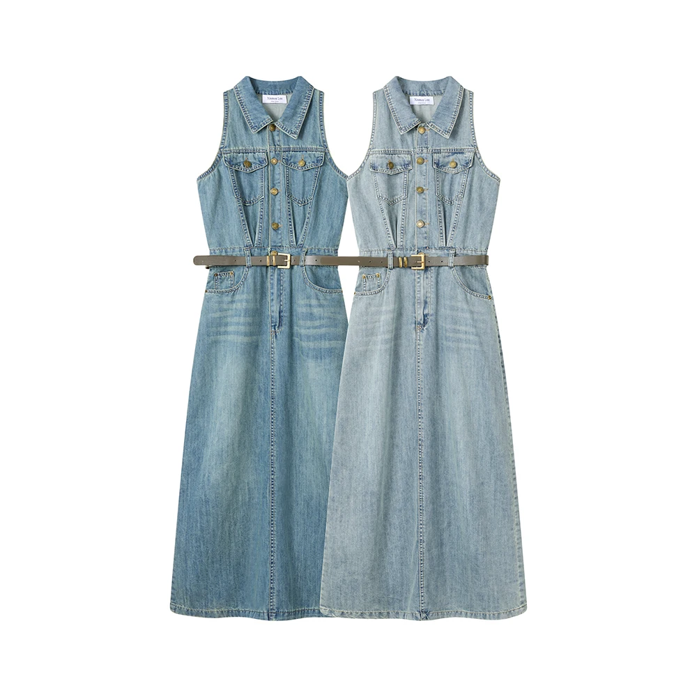 

Summer Sleeveless Denim Dress New Fashion Retro Vest Denim Long Ress Ladies Wear