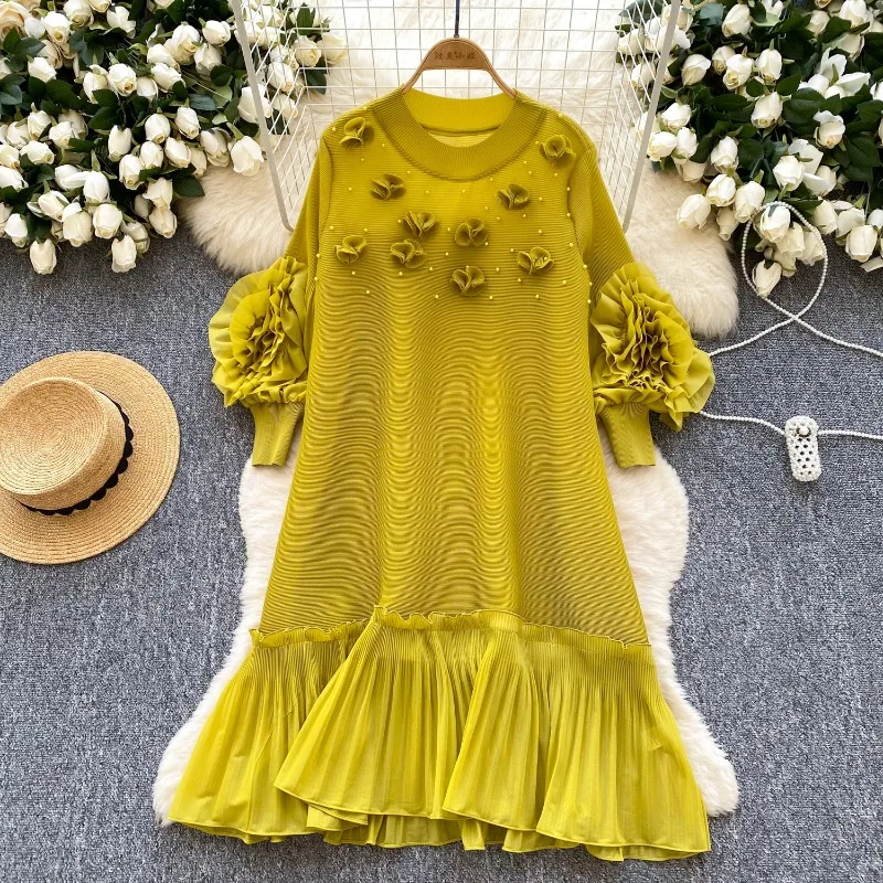 Abito plissettato Miyake da donna africana Fiore stereo Allentato di grandi dimensioni Temperamento elastico Abito lungo Medio Oriente Senza rughe