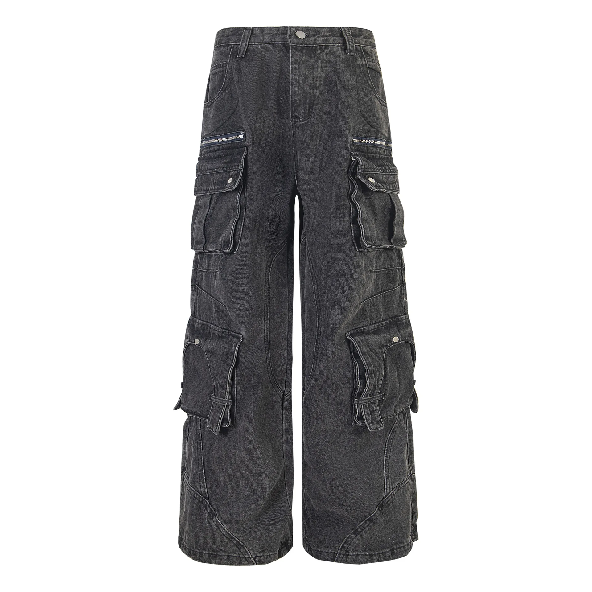 Men's Fashion Oversized Hip Hop Cargo Jeans Pants With Multi Pockets Loose Fir Y2K Denim Trousers Washed Vintage Bottoms