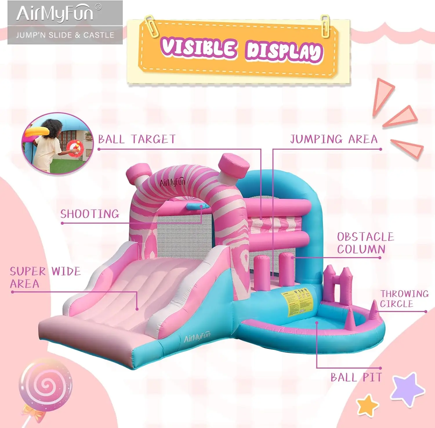 Casa gonfiabile rosa con ventilatore, buttafuori gonfiabili Princess Bouncy Castle per bambini con pozzo per palline e ampio scivolo per interni