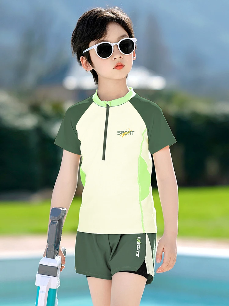 Double Layers Shorts Boys Swimwear 2 Pieces Swimsuit Kids Swimming Suit Short Sleeve  Teens Fast Dry Beachwear Bathing Suit