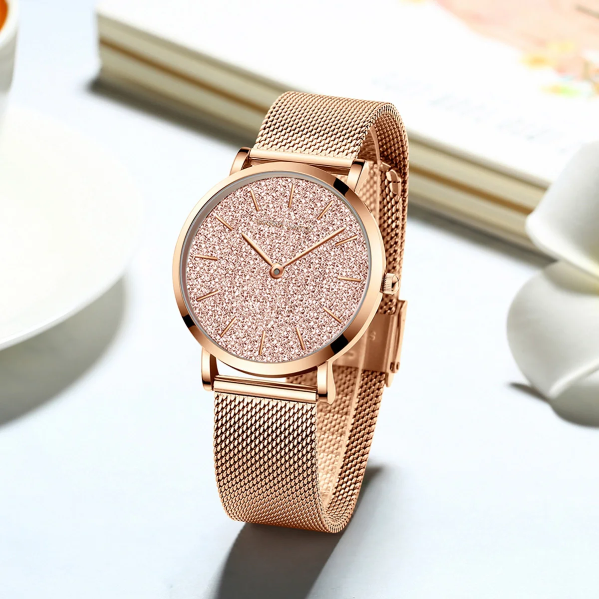 Women Watches New Flash Stars Stainless Steel Rose Gold Mesh Unique Simple Casual Quartz Waterproof Wristwatches Clock Hot Sale