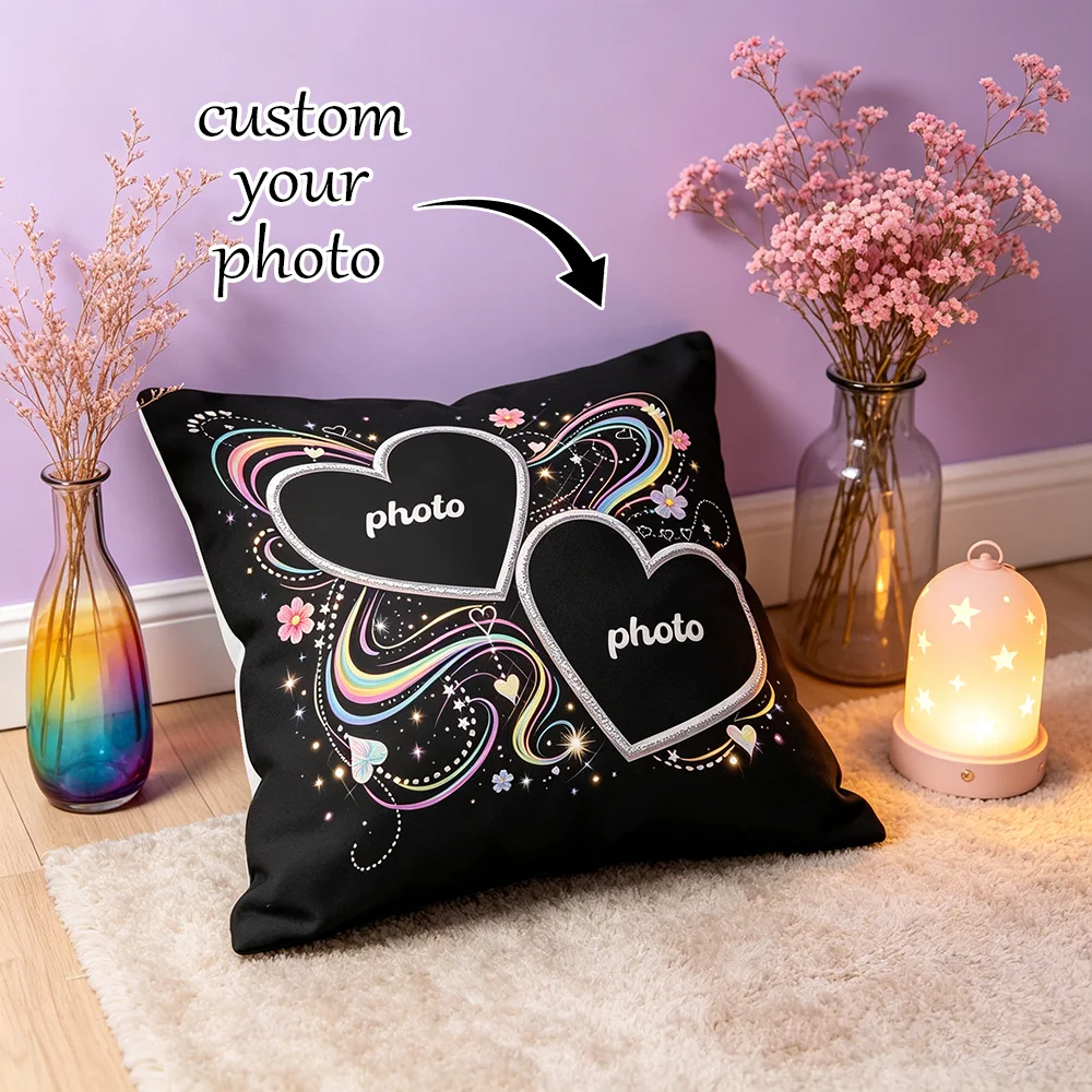 1PC Custom Photo Pillow Cover, Double Heart Rainbow Cushion Cover, Personalized Pillowcase for Sofa Decor, Lover Gift, No Insert