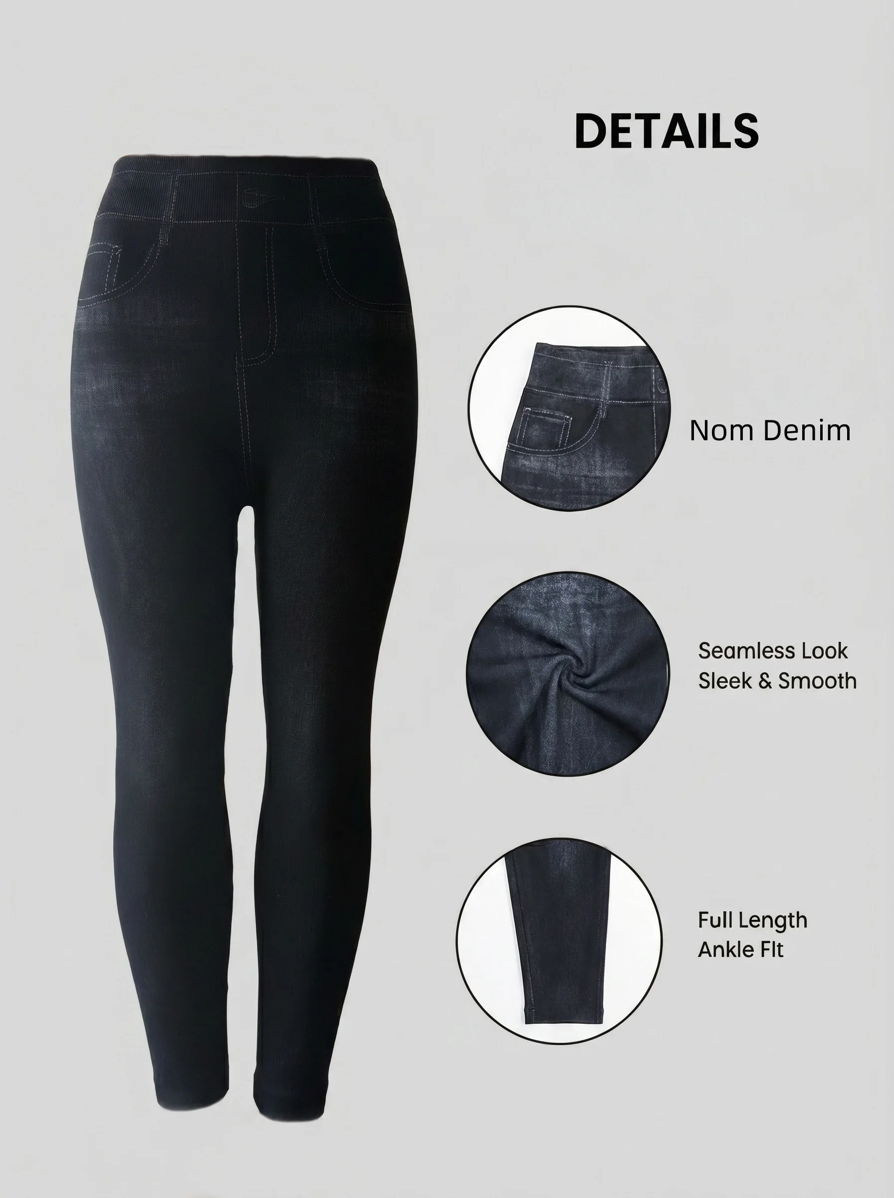 Damen Einfarbige Gewaschene Blaue Faux-Denim Knöchellange Leggings Minimalistische Hochelastische Hosen für Tägliche Freizeitkleidung – Detail 4