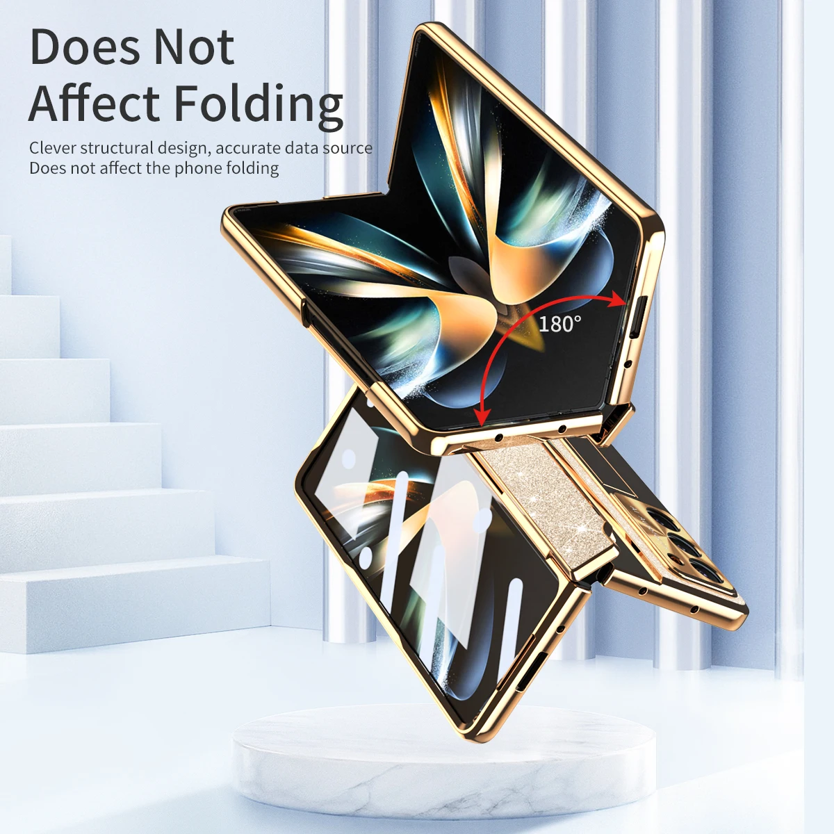 For Samsung Galaxy Z Fold 5 Z Fold 4 Z Fold 3 5G Case with Screen Protector Luxury Frosting One-Piece Plating Stand Cover Gold