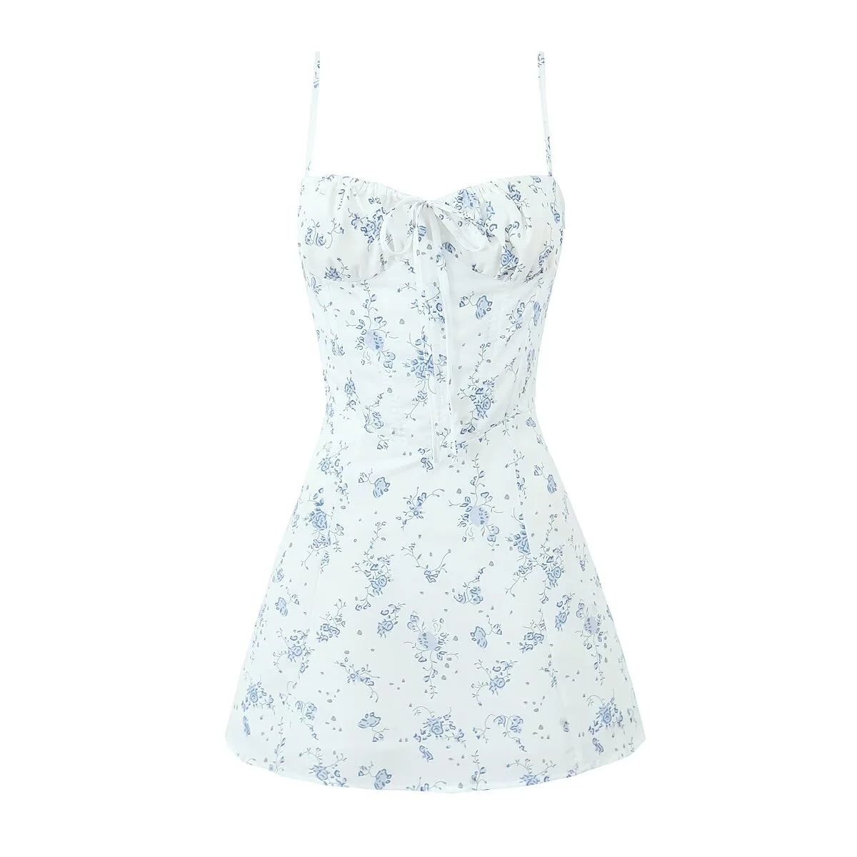 Luxury Dresses Women 2024 Summer Blue Floral Print Short Dress Frenchy Mini Dress Camisole Sexy Elegant Dresses Back Lace Up