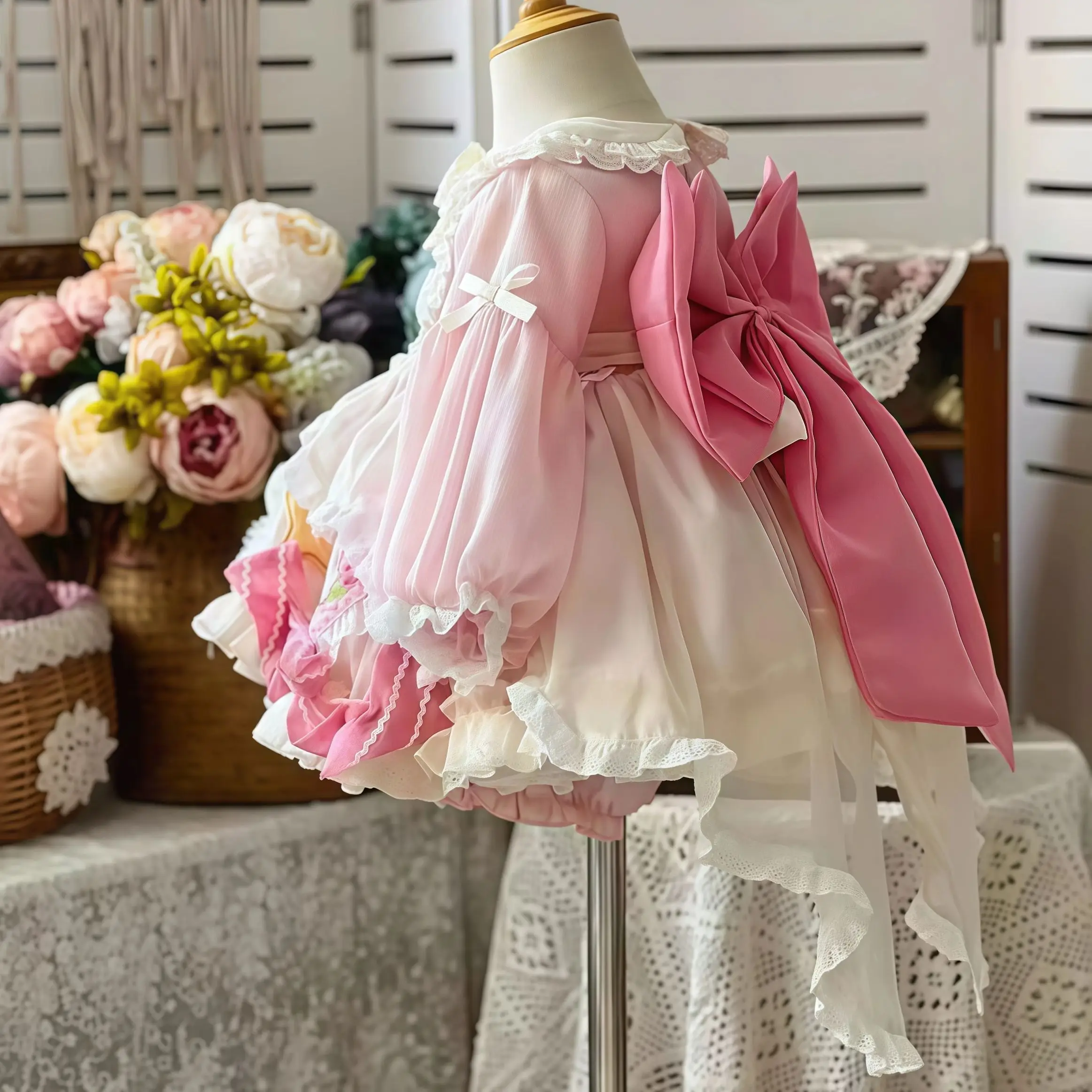 Lolita Girls Big Bow Dress Spring Summer New Cute Dress Party Layered Princess Dresses Lovely Sweet Kids Birthday Ball Gown