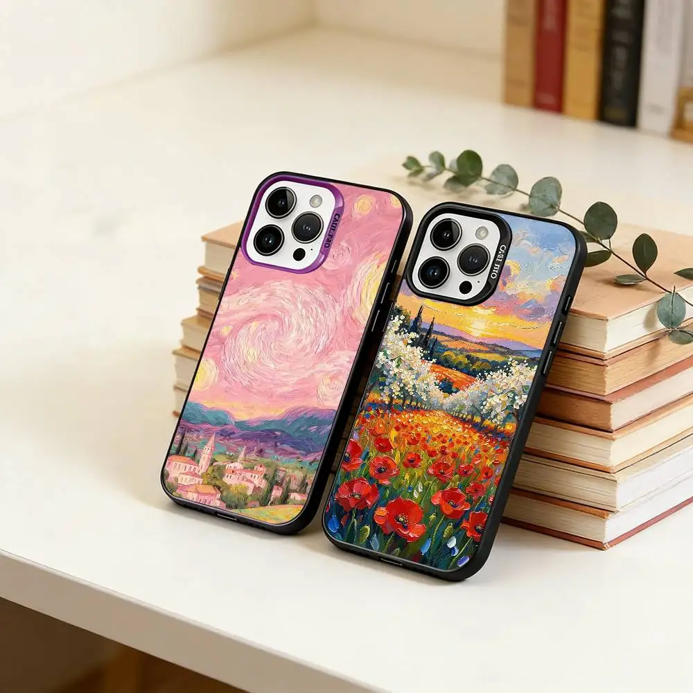 

Van Gogh Monet Oil Painting Phone Case For iPhone 17,16,15,14,13,12,11 Plus,Pro Max,XS,Colored Silver Plated Inside Cover