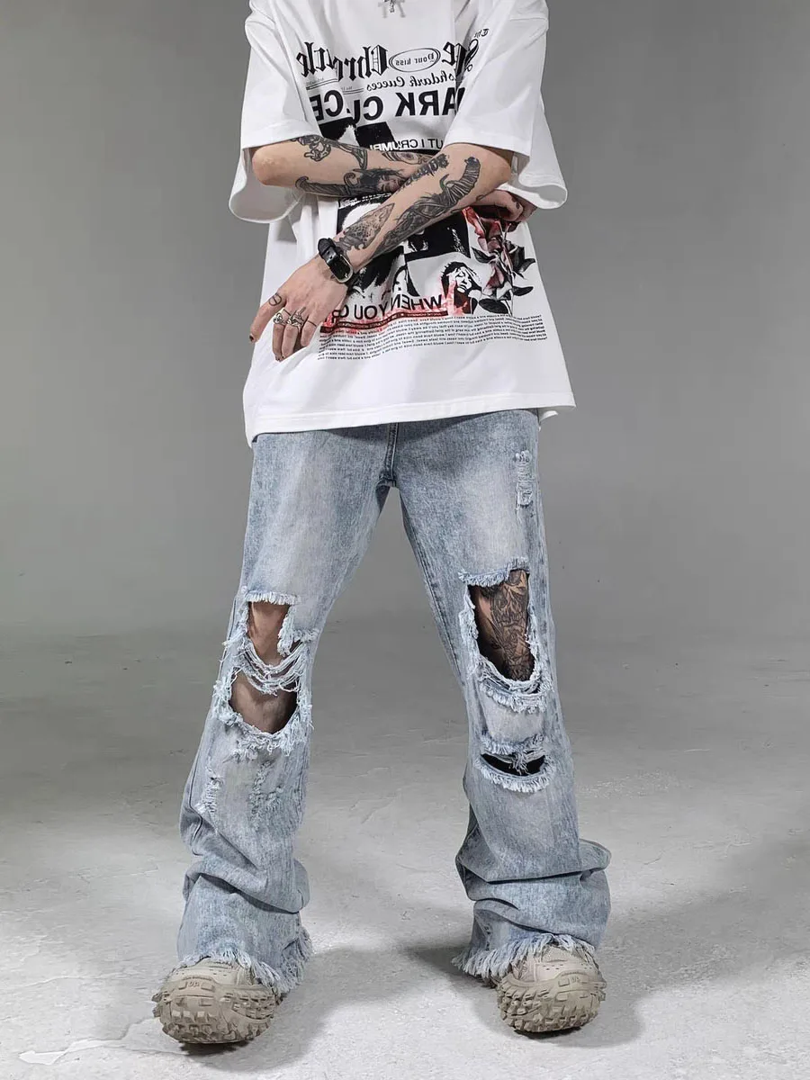 Men's Blue Hole Jeans Hip Hop Street Fashion Knee Big Hole Jeans Loose Ragged Edge Pants for Men and Women